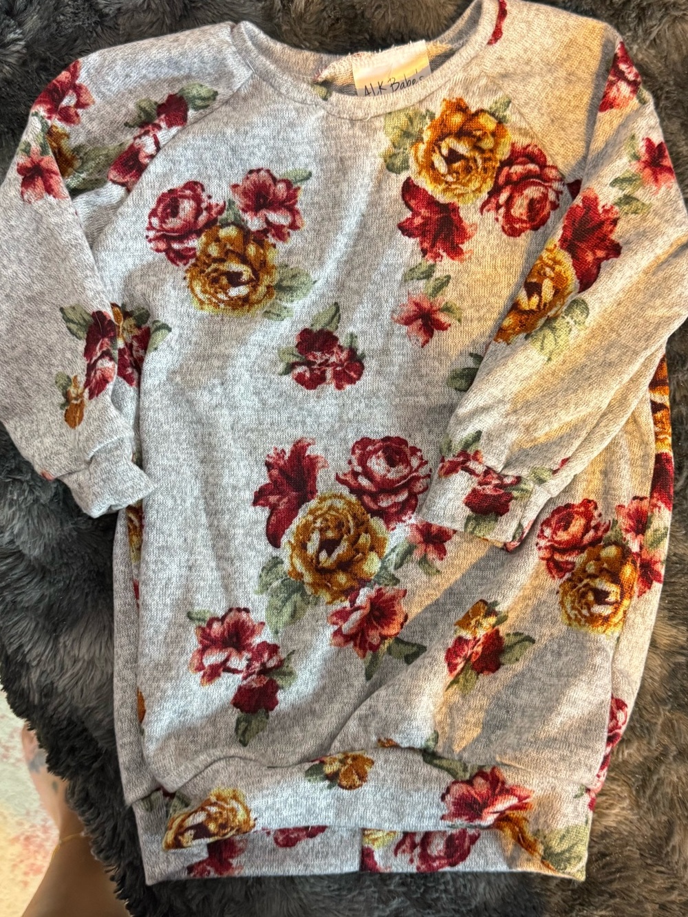 Floral Crewneck Sweater - Gray with Red & Mustard Roses